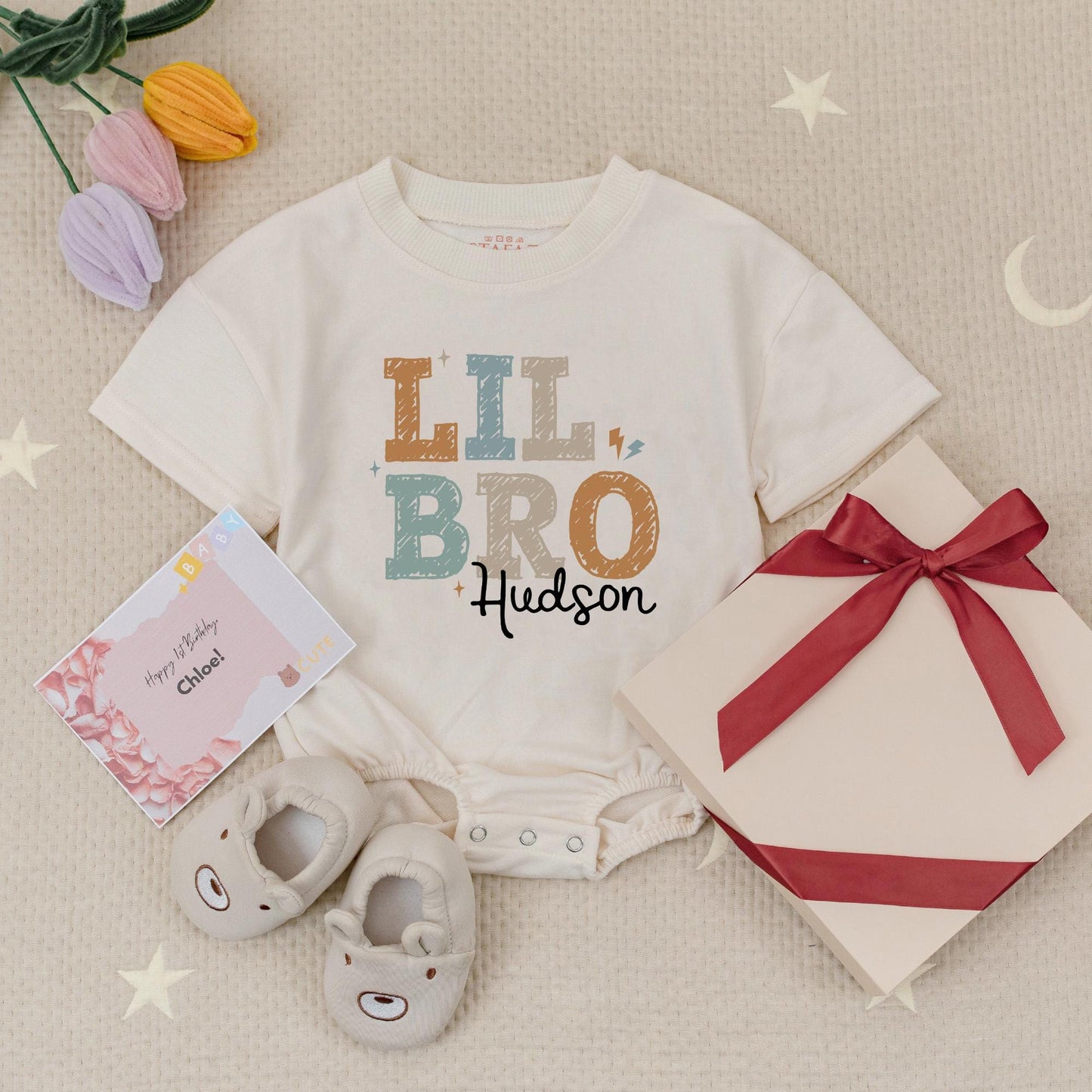 Personalized Big Sis Lil Bro Romper Set, Custom Name Sibling Babysuit, Matching Siblings Gift, Earthy Tones, Star Accents, Zig-Zag Details Hudson Amelia (139 chars)