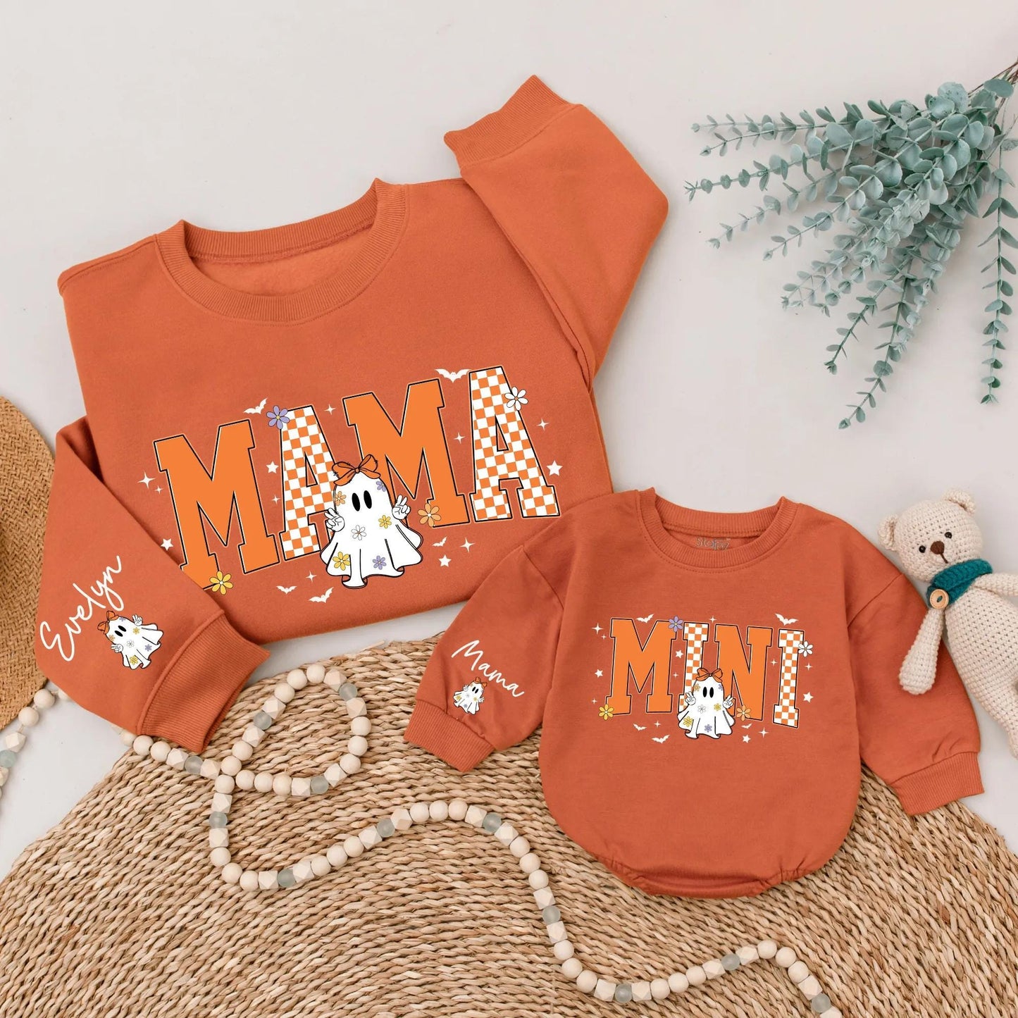 Retro Halloween Matching Mama Mini Sweatshirts, Personalized Family Ghost Sweaters, Checkerboard Fall Outfits, Custom Name Mommy and Me, Spooky Season (139)