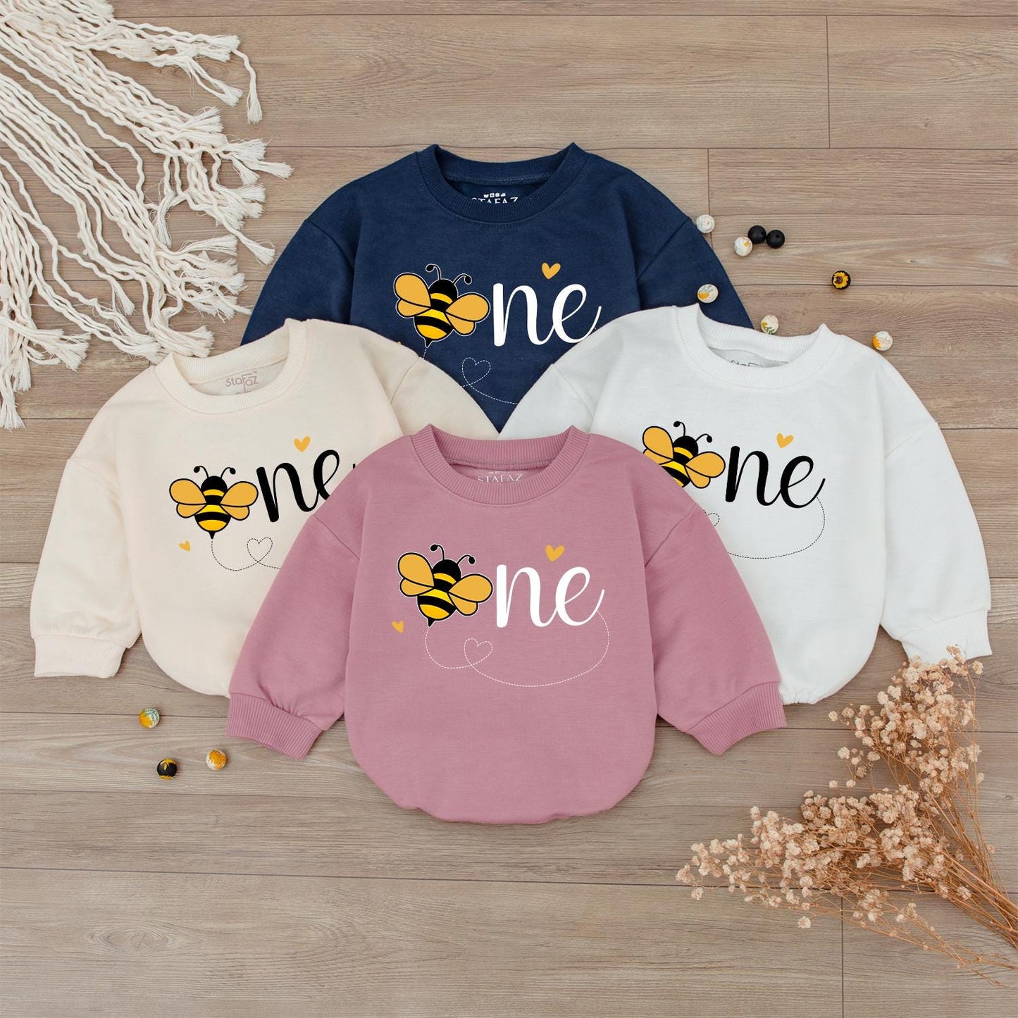 Sweet Bee First Birthday Romper, Cute One-sie with Flying Bee Design, Baby Girl Outfit, Yellow Hearts, Playful Party Clothes, Adorable Bee Day Gift (139 chars)