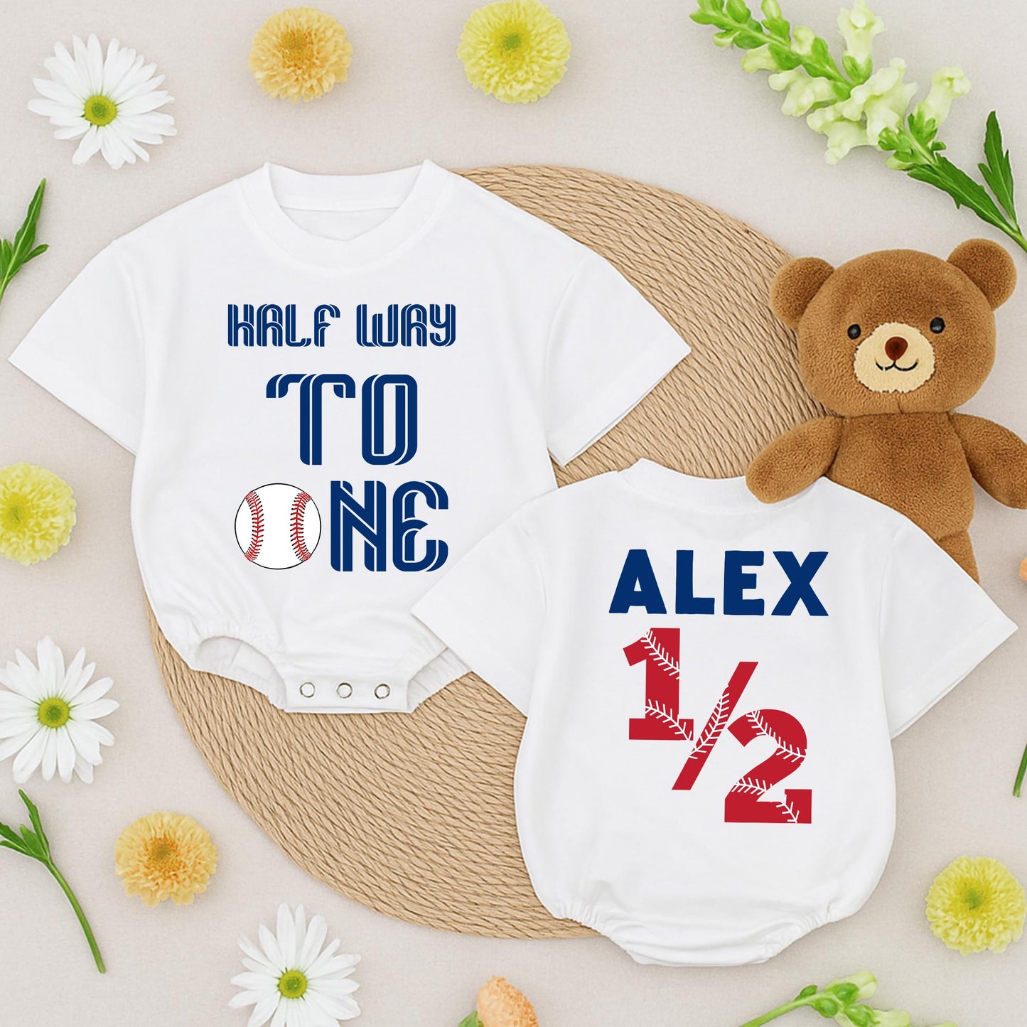 Half Way To One Baseball Romper: Baby's First Homerun! Personalized 1/2 Birthday Outfit for Your Little Slugger Short Sleeve Soft Cotton Clothes
