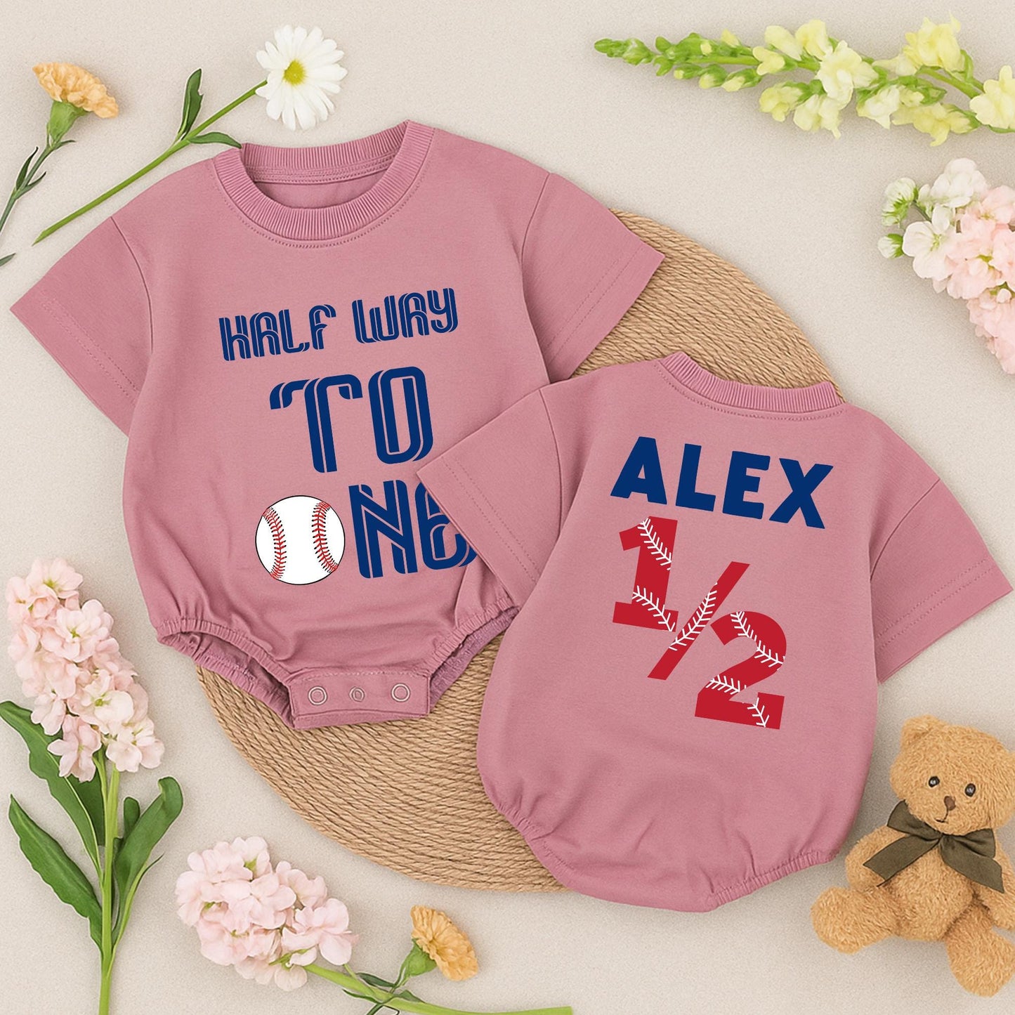 Half Way To One Baseball Romper: Baby's First Homerun! Personalized 1/2 Birthday Outfit for Your Little Slugger Short Sleeve Soft Cotton Clothes