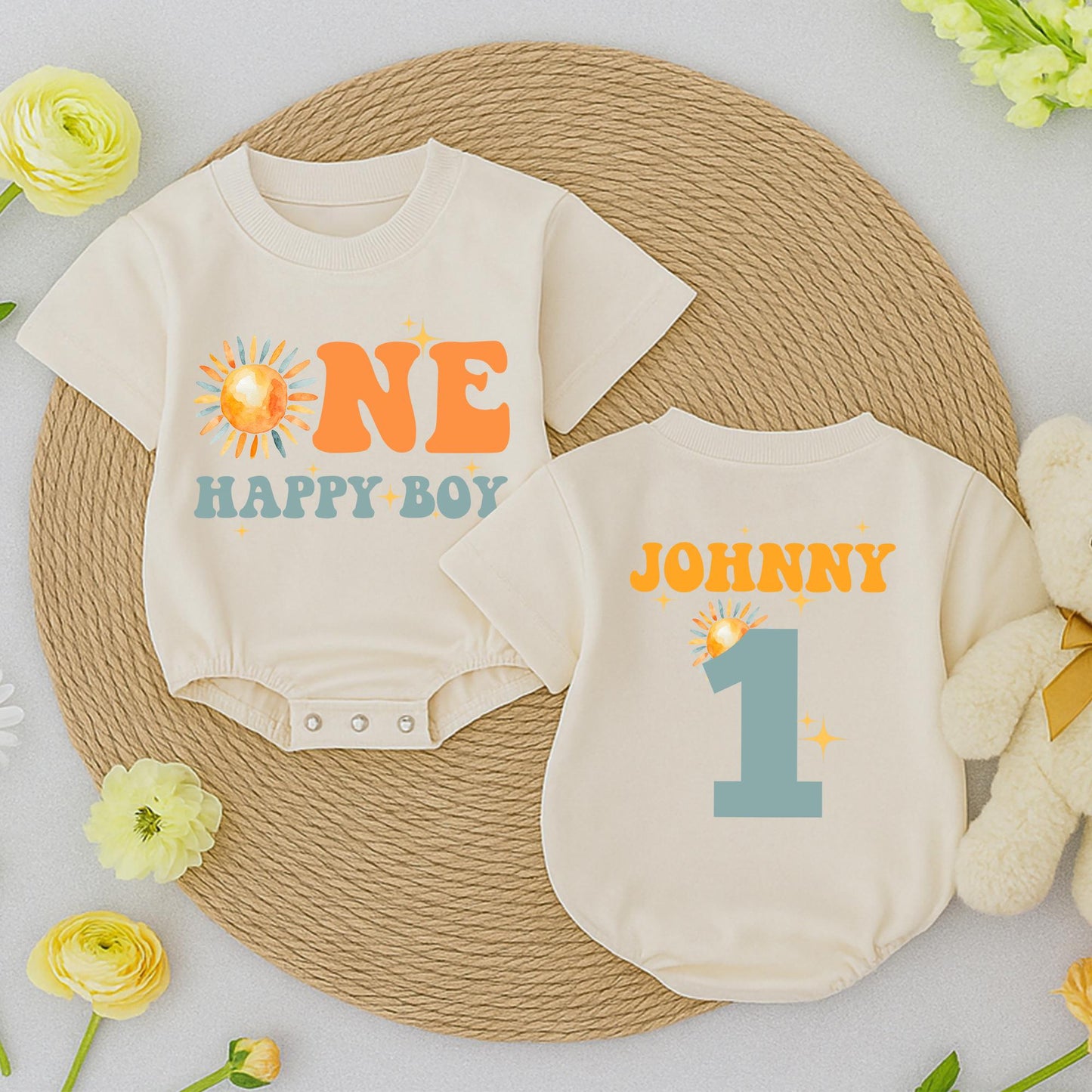 One Happy Boy Birthday Romper Short Sleeve Outfit, Retro Sunshine Baby Clothes, Sun Boy 1st Birthday Party, Playful First Birthday Romper (139 chars)