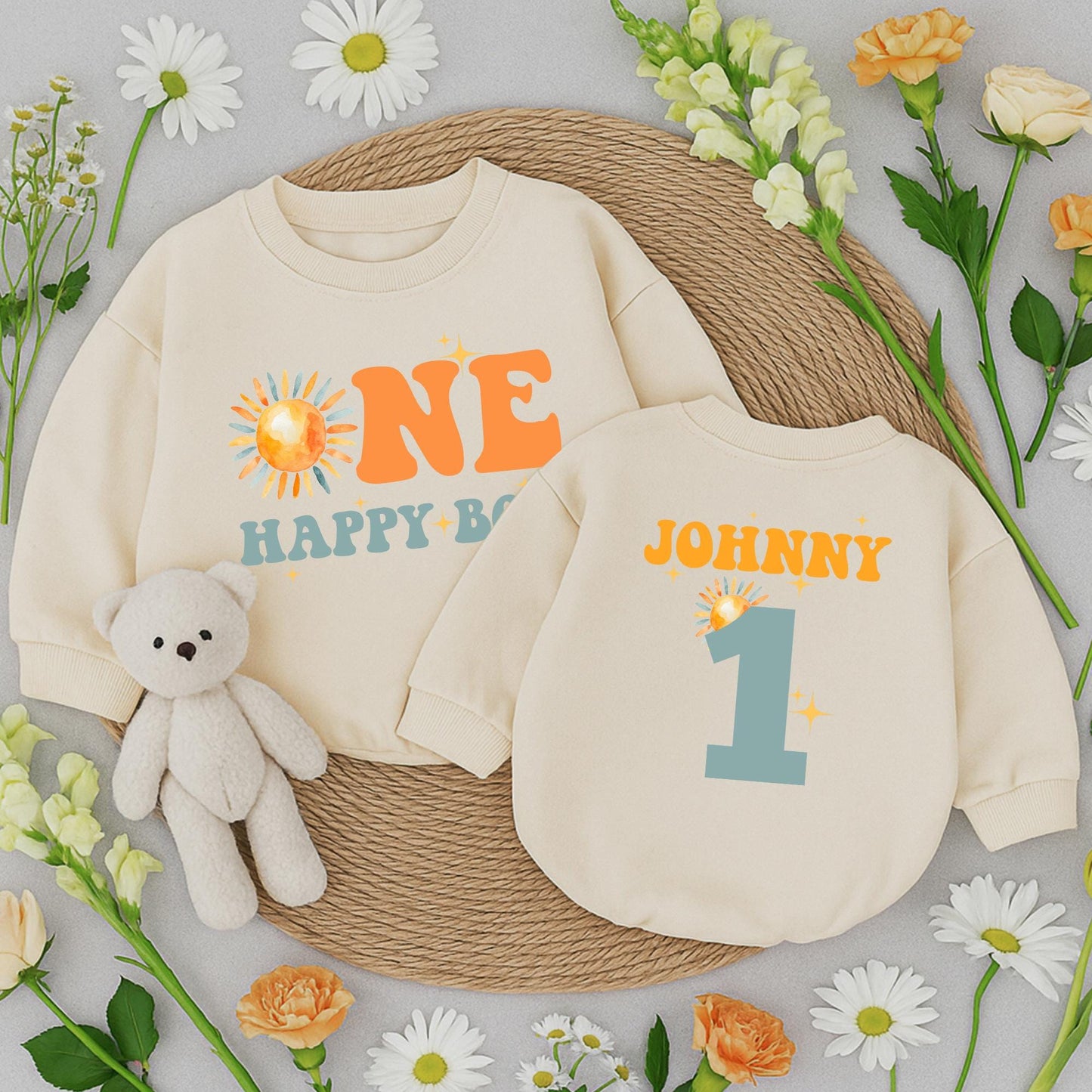 One Happy Boy Birthday Romper Short Sleeve Outfit, Retro Sunshine Baby Clothes, Sun Boy 1st Birthday Party, Playful First Birthday Romper (139 chars)