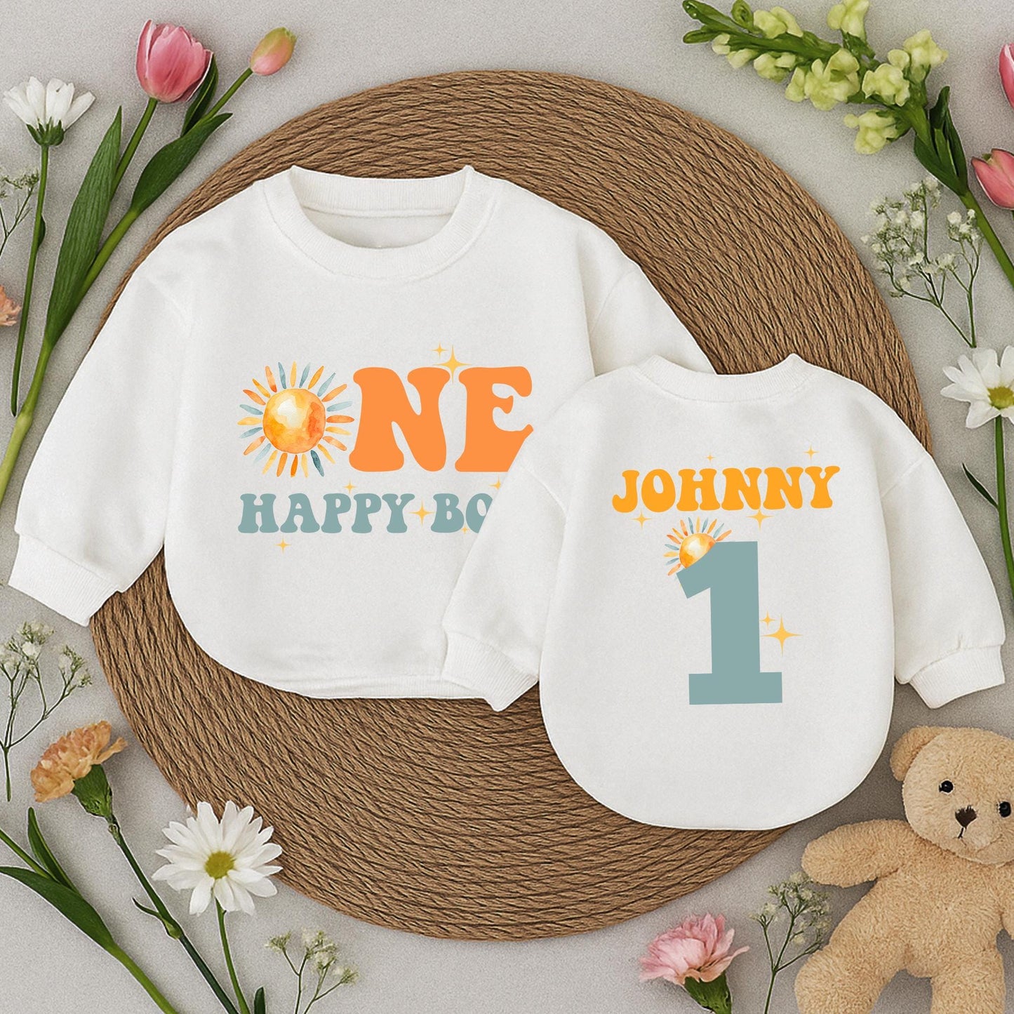 One Happy Boy Birthday Romper Short Sleeve Outfit, Retro Sunshine Baby Clothes, Sun Boy 1st Birthday Party, Playful First Birthday Romper (139 chars)