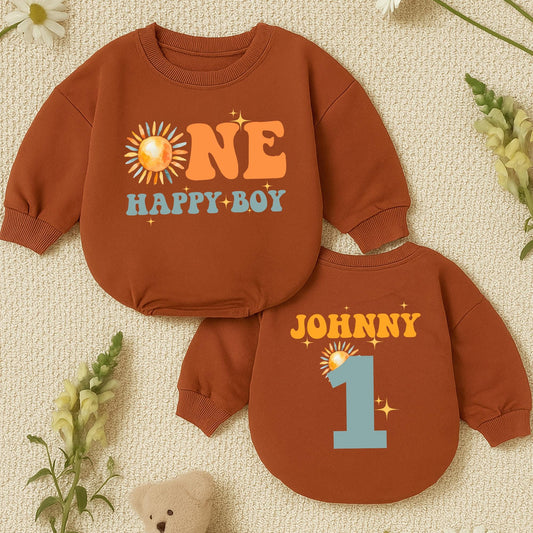 One Happy Boy Birthday Romper Short Sleeve Outfit, Retro Sunshine Baby Clothes, Sun Boy 1st Birthday Party, Playful First Birthday Romper (139 chars)