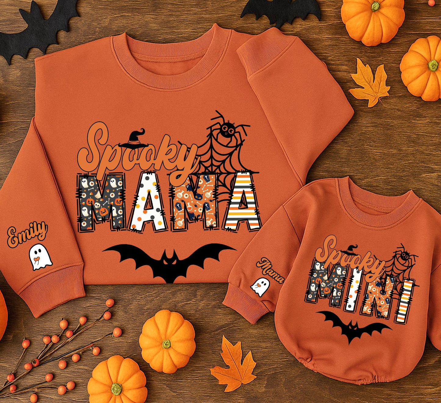 Custom Spooky Mama Mini Halloween Sweatshirt with Kids Name Ghost on Sleeve, Playful Halloween Patterns, Festive Mama Spooky Season Sweatshirt Gift