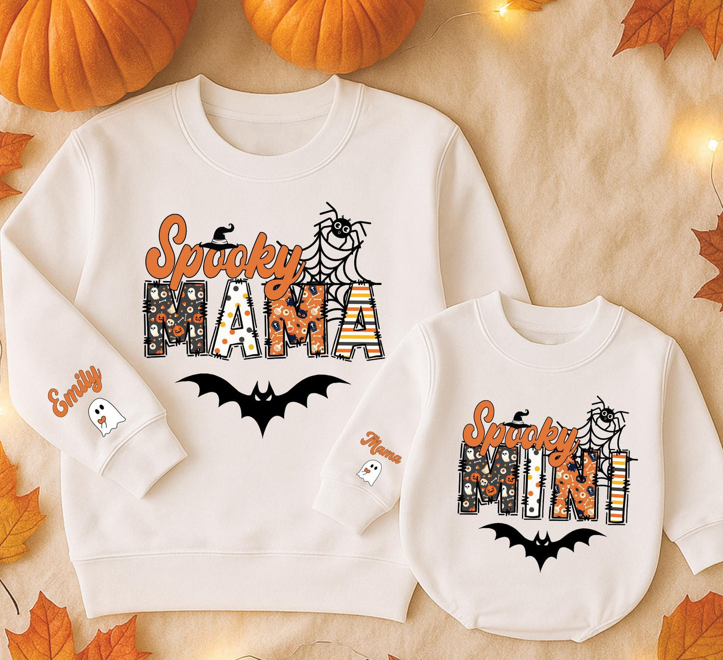 Custom Spooky Mama Mini Halloween Sweatshirt with Kids Name Ghost on Sleeve, Playful Halloween Patterns, Festive Mama Spooky Season Sweatshirt Gift