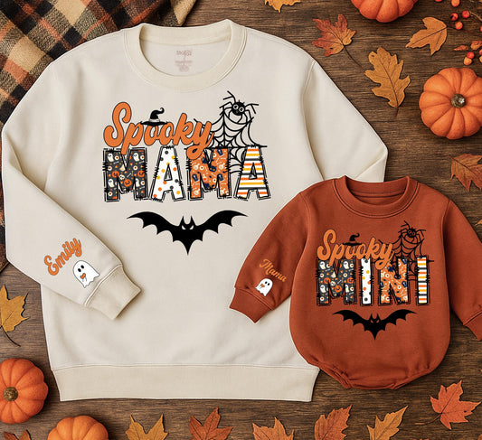 Custom Spooky Mama Mini Halloween Sweatshirt with Kids Name Ghost on Sleeve, Playful Halloween Patterns, Festive Mama Spooky Season Sweatshirt Gift