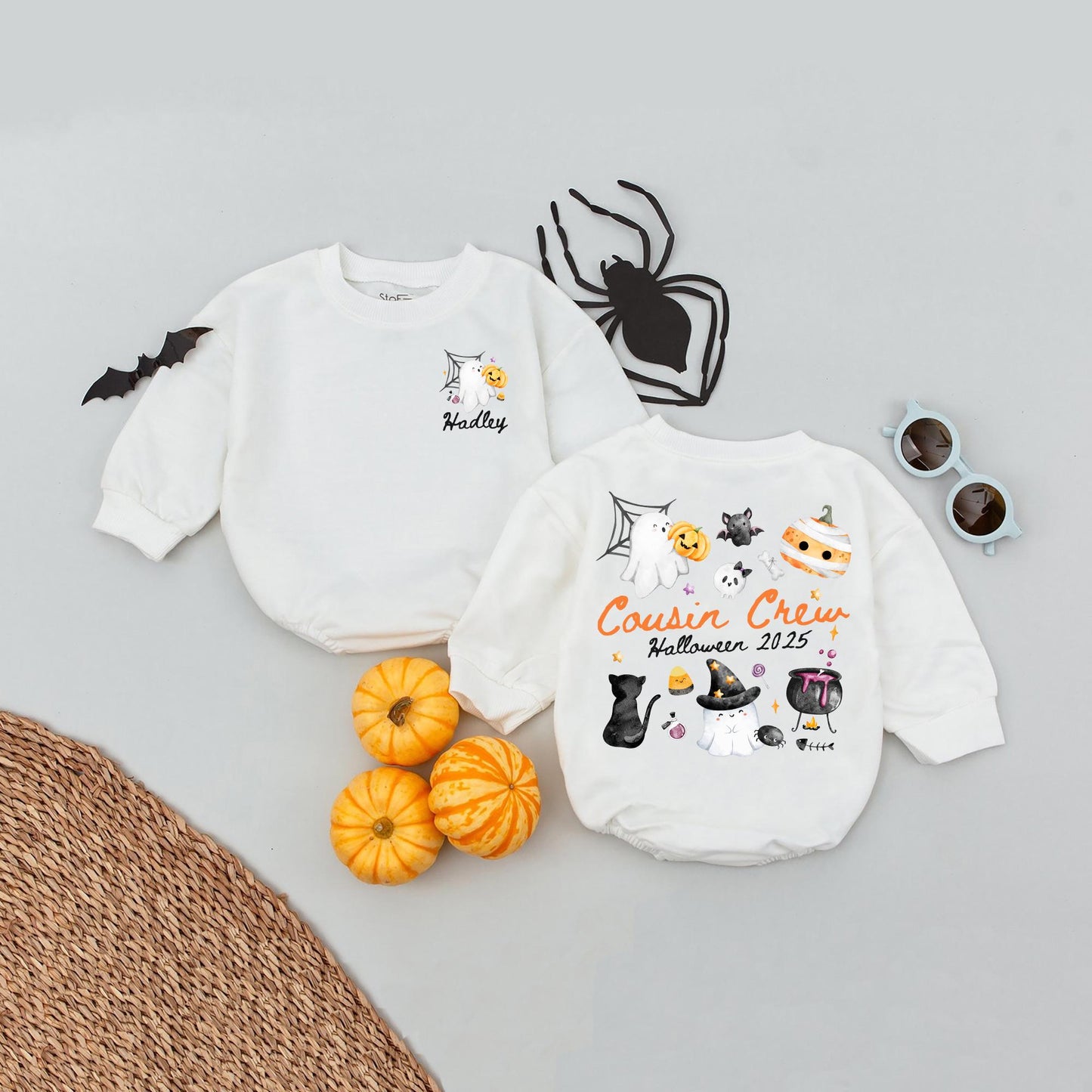 Custom Hadley & Cousin Crew Halloween 2025 Matching Romper Set, Personalized Spooky Season Outfit for Baby and Kids, Cute Ghost & Pumpkin Design 139