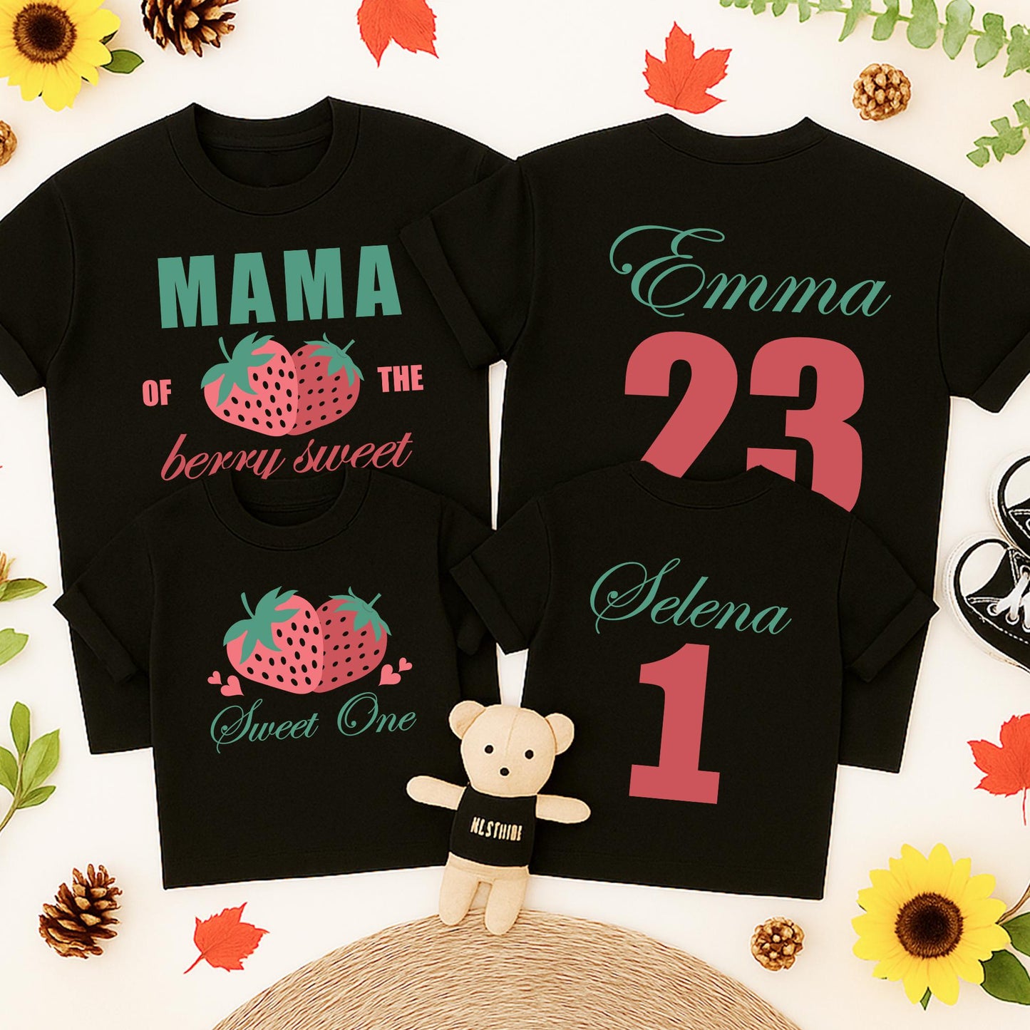Berry Sweet One Family Birthday Shirts Mama of the Berry Sweet One Matching Outfits Teal Pink Strawberry 1st Birthday Celebration