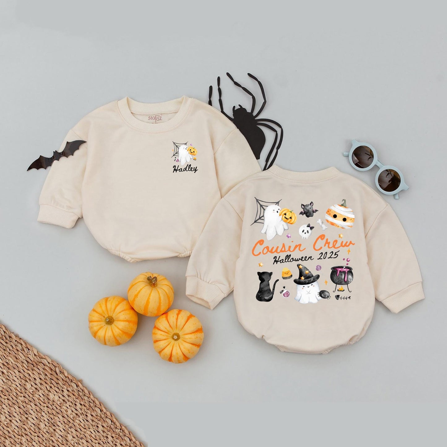 Custom Hadley & Cousin Crew Halloween 2025 Matching Romper Set, Personalized Spooky Season Outfit for Baby and Kids, Cute Ghost & Pumpkin Design 139
