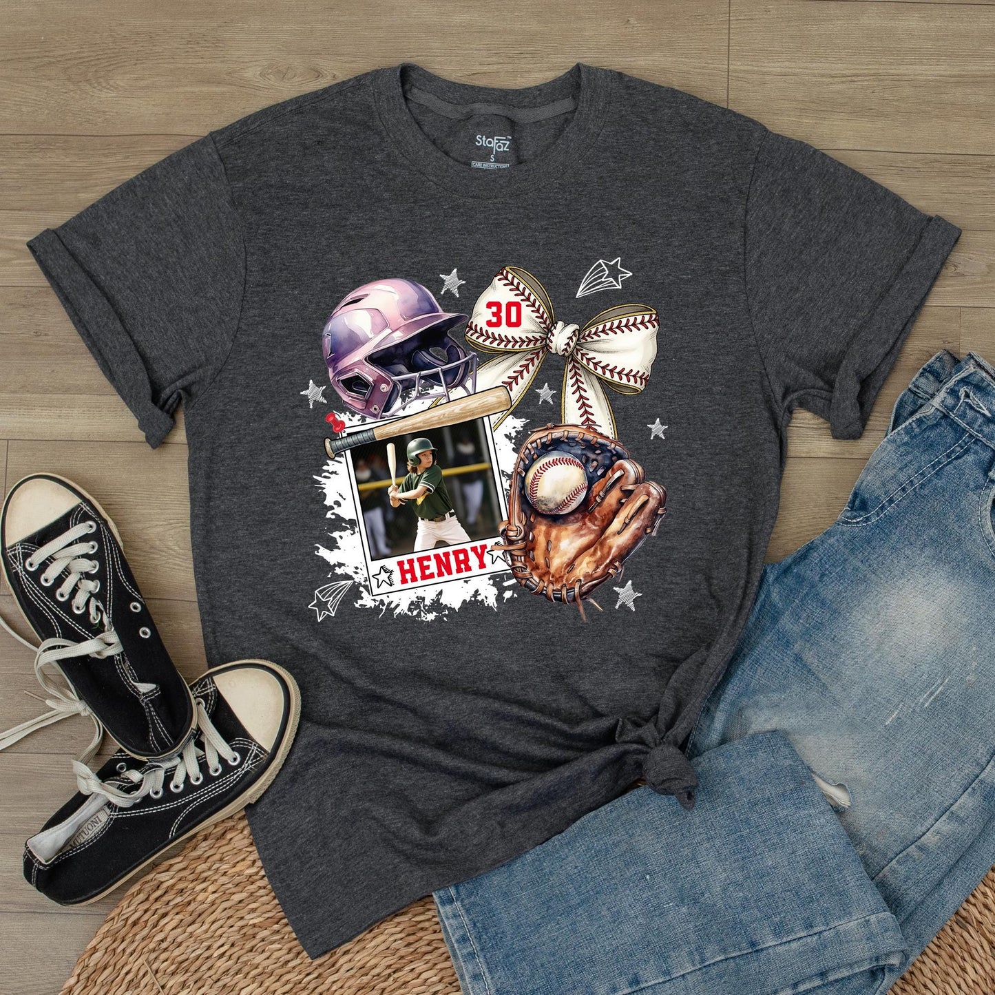 Custom Baseball Photo T-Shirt with Child Player Picture, Personalized Henry Name and Number 30 Design, Game Day Fan Gift Tee