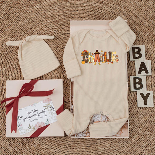 Charlie's First Thanksgiving Baby Bodysuit Little Turkey Pumpkin Patch Fall Newborn Outfit Custom Name Autumn Baby Clothes