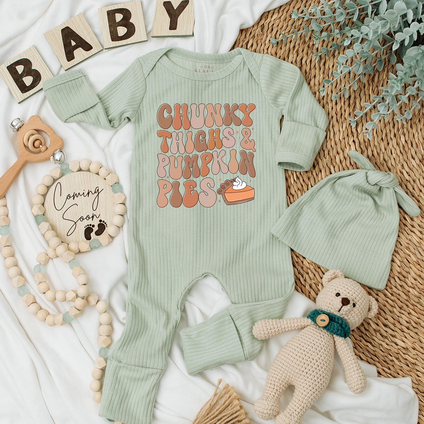 Chunky Thighs & Pumpkin Pies Baby Bodysuit, Retro Fall Autumn Newborn Outfit, Warm Festive Pumpkin Pie Thanksgiving Baby Shower Gift Idea