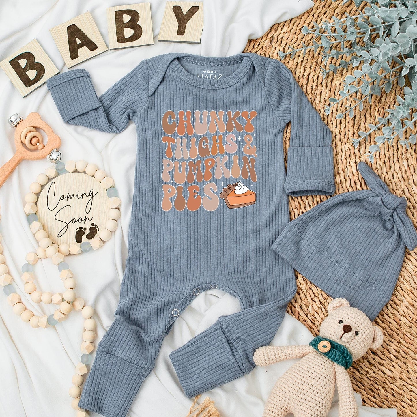 Chunky Thighs & Pumpkin Pies Baby Bodysuit, Retro Fall Autumn Newborn Outfit, Warm Festive Pumpkin Pie Thanksgiving Baby Shower Gift Idea