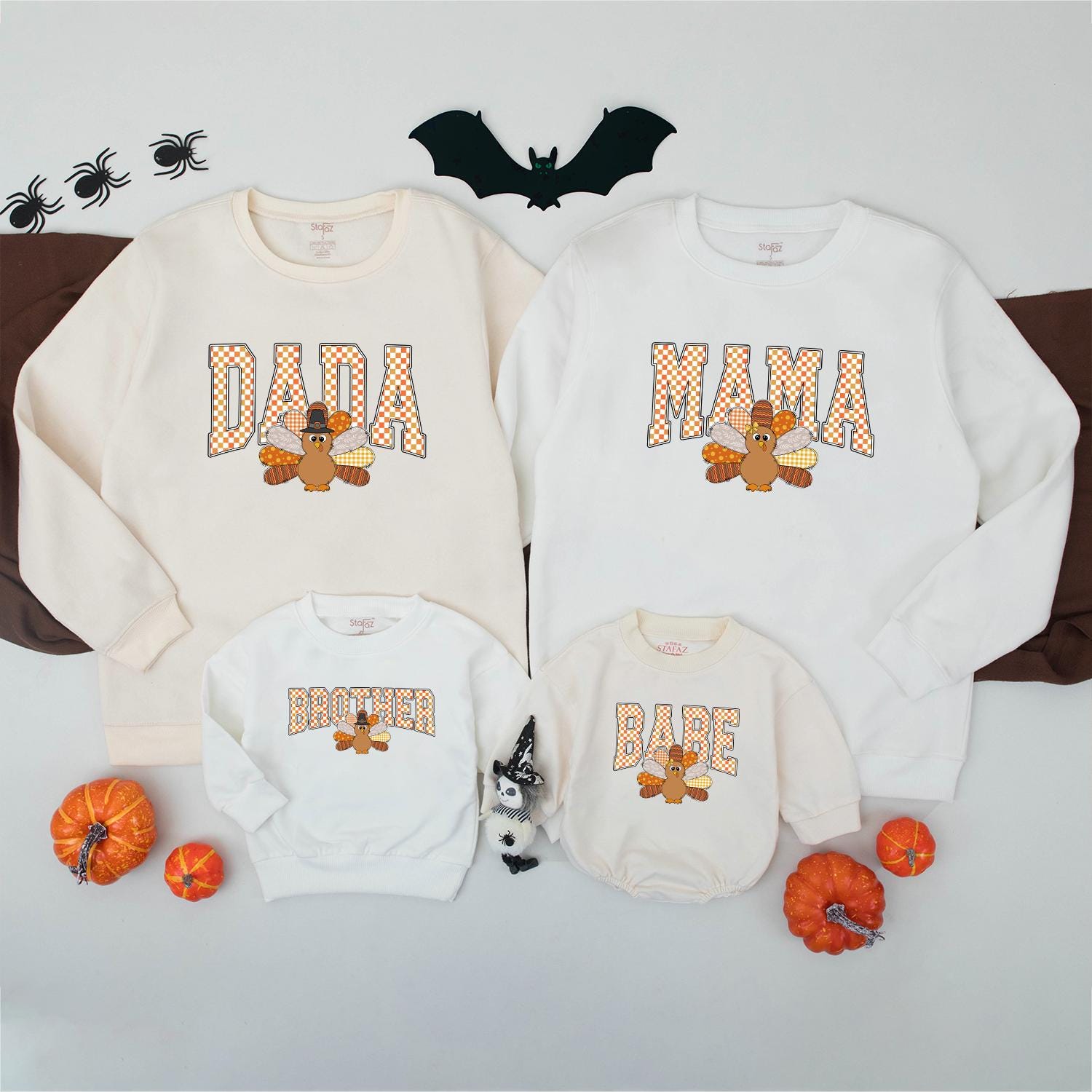 Thanksgiving Matching Family Sweatshirt Custom Turkey Name Orange Checkered Letters Fall Outfit Little Turkey Kids Shirt Autumn Vibes Personalized Gift (138 chars)