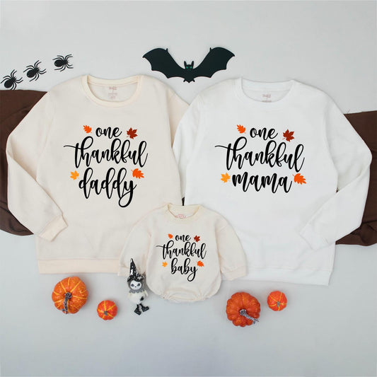 Thankful Mama Thanksgiving Matching Sweatshirt: One Thankful Family Outfit with Autumn Leaves, Mommy and Me Fall Vibes Shirt, Little Turkey Tee (138 chars)