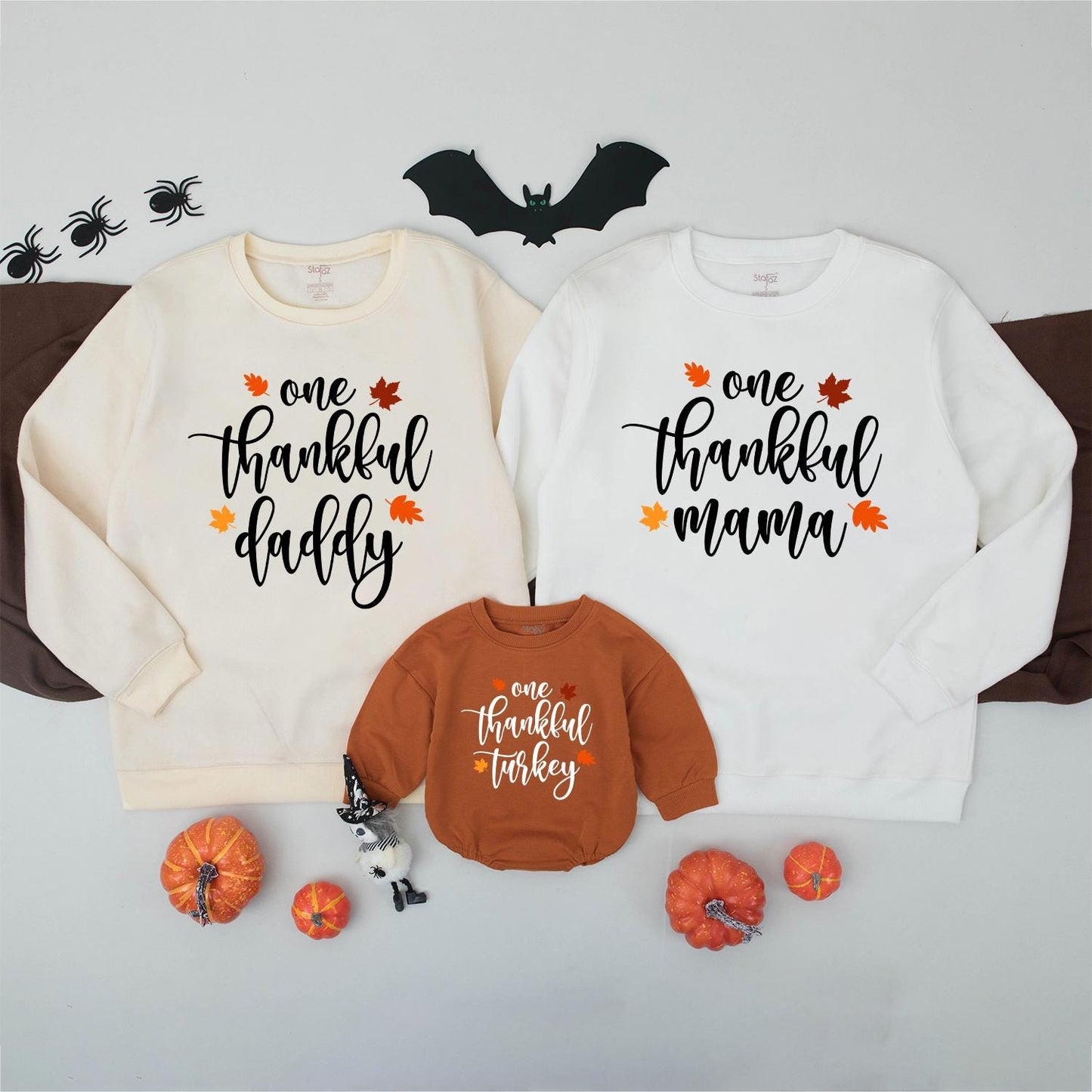Thankful Mama Thanksgiving Matching Sweatshirt: One Thankful Family Outfit with Autumn Leaves, Mommy and Me Fall Vibes Shirt, Little Turkey Tee (138 chars)