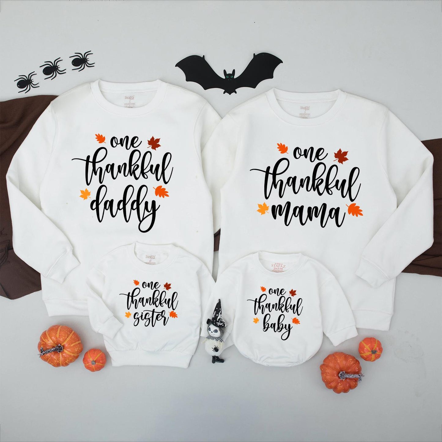 Thankful Mama Thanksgiving Matching Sweatshirt: One Thankful Family Outfit with Autumn Leaves, Mommy and Me Fall Vibes Shirt, Little Turkey Tee (138 chars)