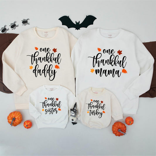 Thankful Mama Thanksgiving Matching Sweatshirt: One Thankful Family Outfit with Autumn Leaves, Mommy and Me Fall Vibes Shirt, Little Turkey Tee (138 chars)