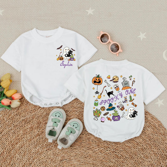 Personalized My First Halloween Baby Bubble Romper Spooky One Cartoon Ghost Cat Pumpkin Bat Festive Infant Outfit