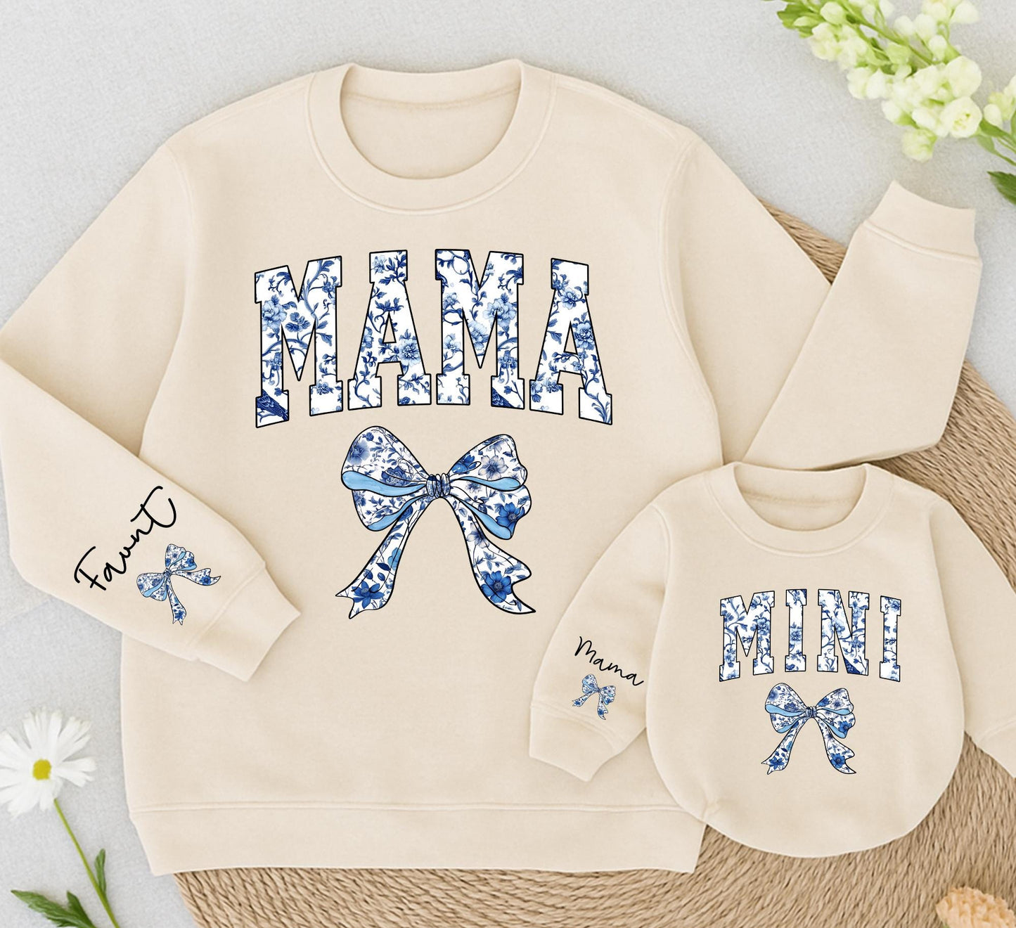 Mama and Mini Matching Sweatshirts, Chinoiserie Floral Bows, Custom Name Sleeve, Mommy and Me Outfit, Blue Baby Romper, Retro Mom Clothes, Family Style (138 chars)