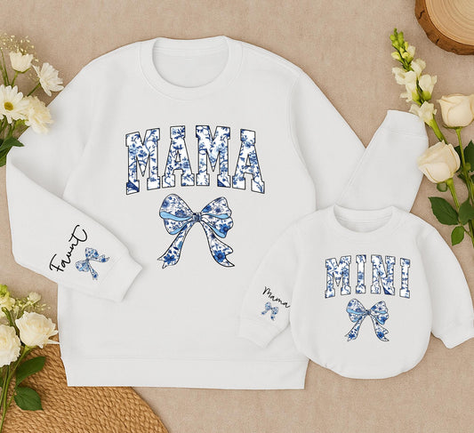 Mama and Mini Matching Sweatshirts, Chinoiserie Floral Bows, Custom Name Sleeve, Mommy and Me Outfit, Blue Baby Romper, Retro Mom Clothes, Family Style (138 chars)