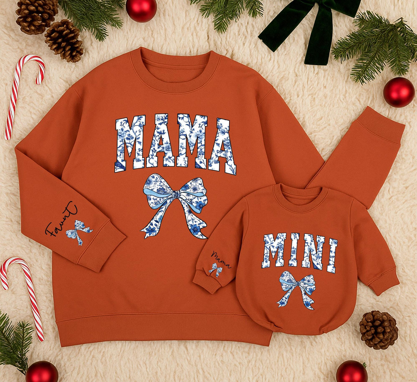 Mama and Mini Matching Sweatshirts, Chinoiserie Floral Bows, Custom Name Sleeve, Mommy and Me Outfit, Blue Baby Romper, Retro Mom Clothes, Family Style (138 chars)