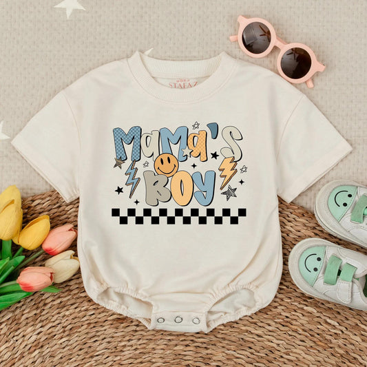Mama's Boy Baby Bubble Romper - Colorful Graphic Baby Boy Outfit - Checkered Design Baby Shower Gift - Newborn Clothes