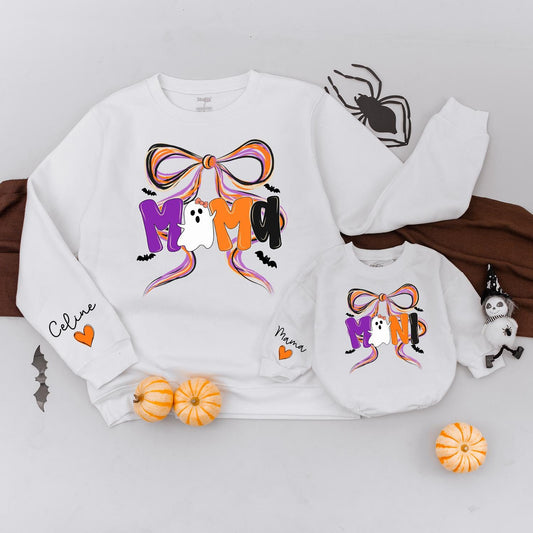 Spooky Mama and Mini Halloween Sweatshirt Matching Bow Ghost Design Custom Mommy and Me Fall Family Outfits