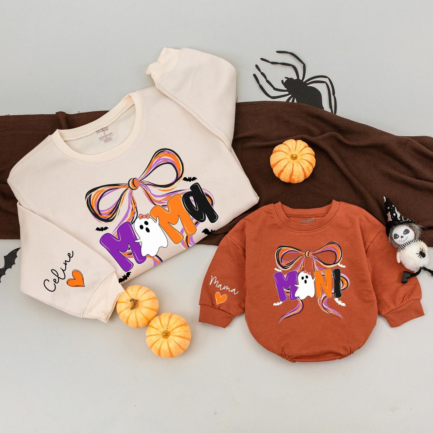 Spooky Mama and Mini Halloween Sweatshirt Matching Bow Ghost Design Custom Mommy and Me Fall Family Outfits