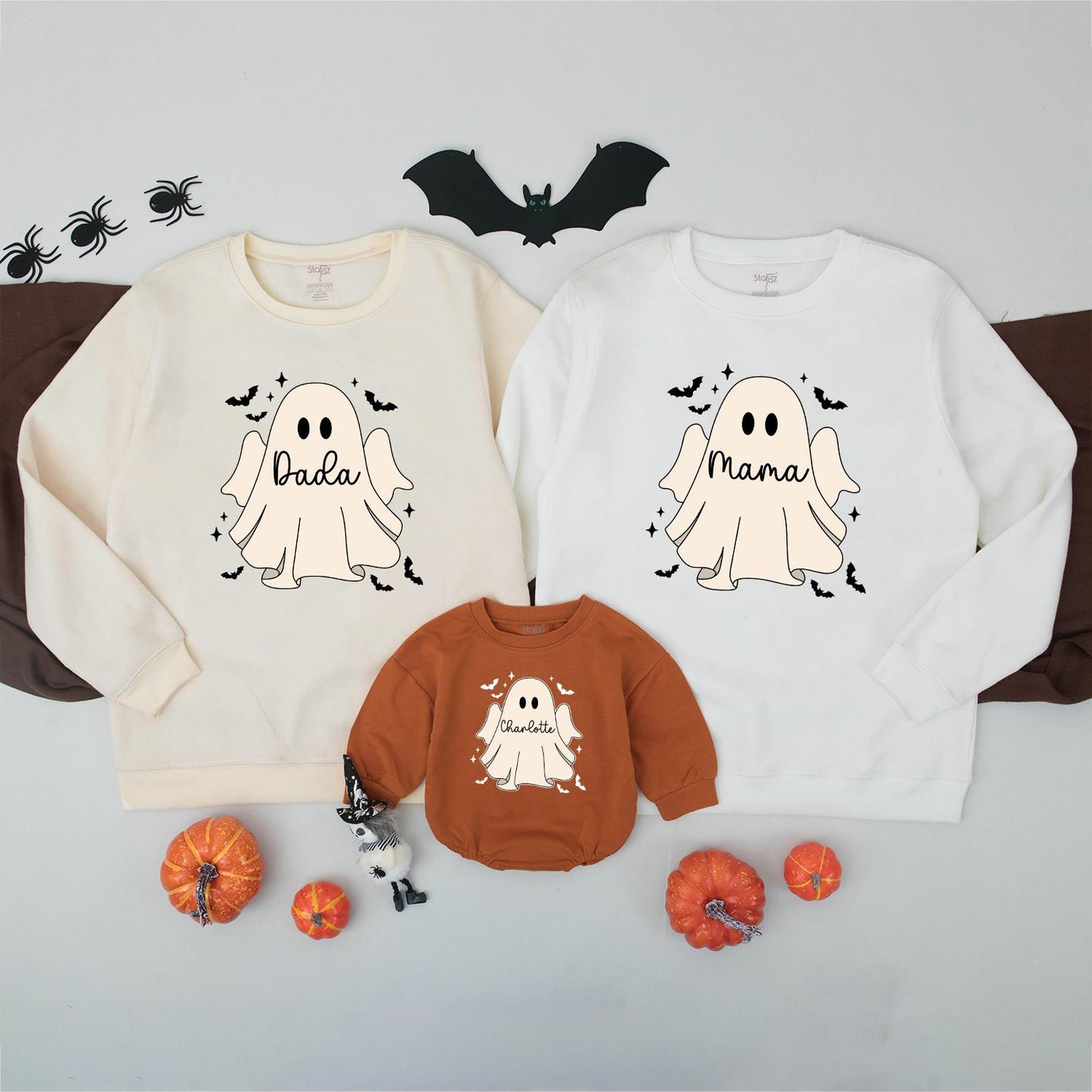 Personalized Family Ghost Sweatshirts, Cute Matching Halloween Costume Shirts for Baby, Toddler, Kids—Custom Name Spooky Season Trick or Treat Outfits