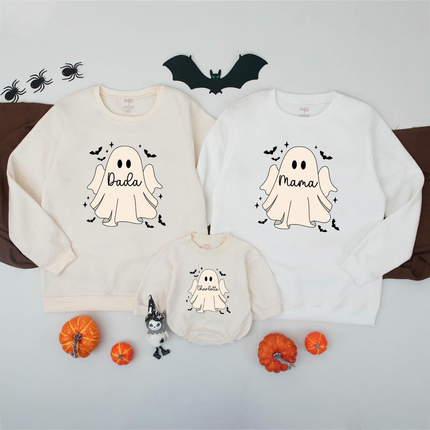 Personalized Family Ghost Sweatshirts, Cute Matching Halloween Costume Shirts for Baby, Toddler, Kids—Custom Name Spooky Season Trick or Treat Outfits