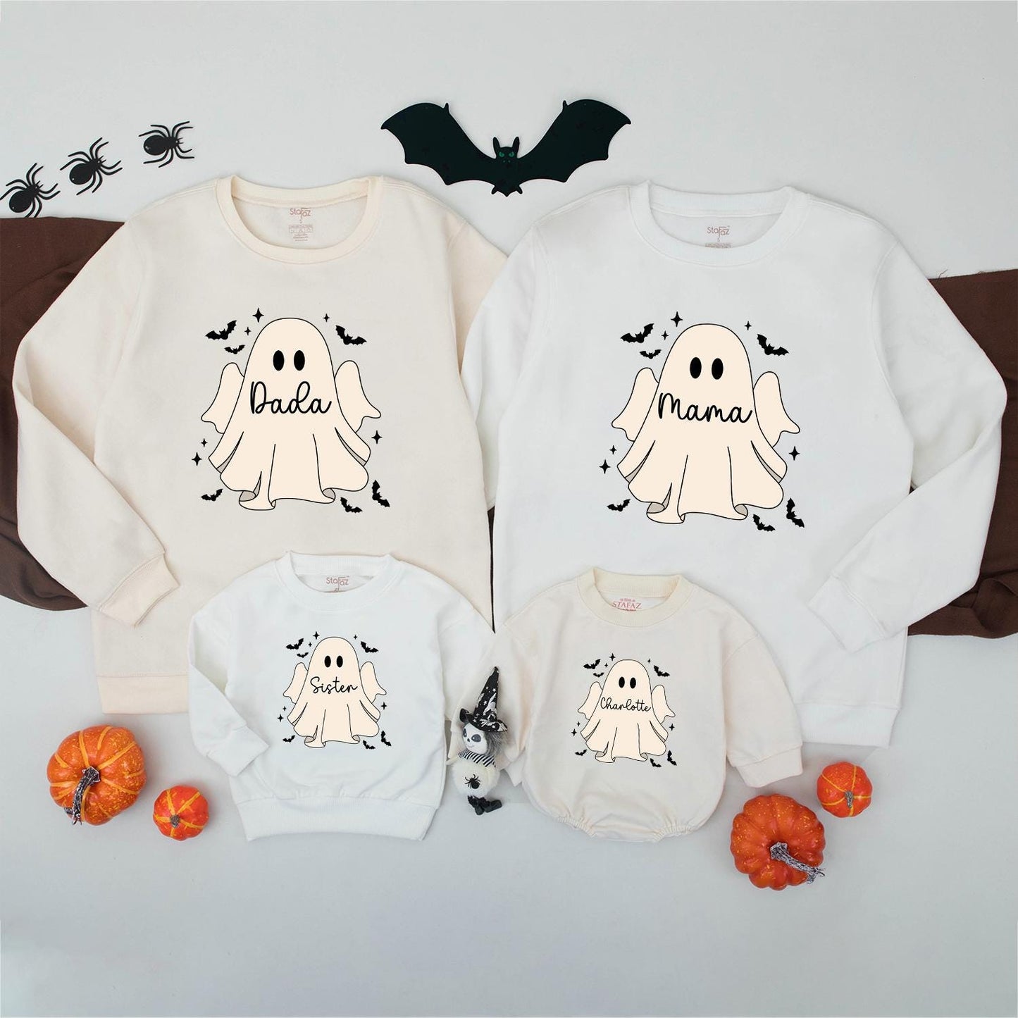 Personalized Family Ghost Sweatshirts, Cute Matching Halloween Costume Shirts for Baby, Toddler, Kids—Custom Name Spooky Season Trick or Treat Outfits