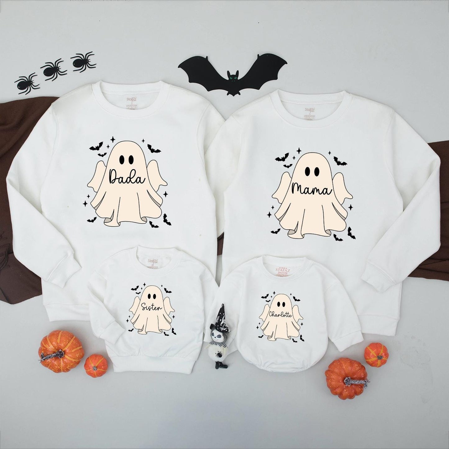 Personalized Family Ghost Sweatshirts, Cute Matching Halloween Costume Shirts for Baby, Toddler, Kids—Custom Name Spooky Season Trick or Treat Outfits