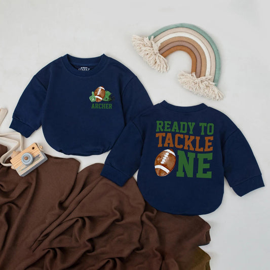 Personalized Ready To Tackle One Football First Birthday Romper Soft Baby Boy Game Day Party Outfit Watercolor Bodysuit Shower Gift