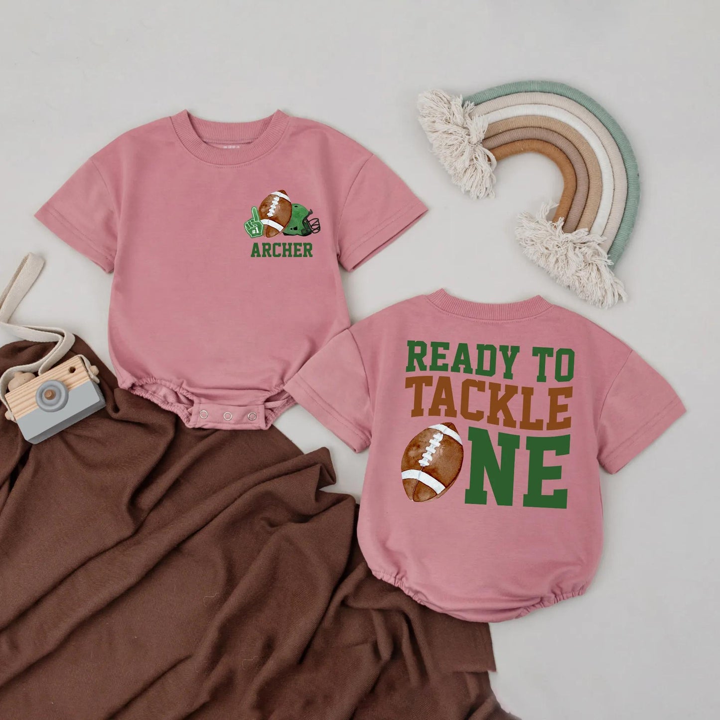 Personalized Ready To Tackle One Football First Birthday Romper Soft Baby Boy Game Day Party Outfit Watercolor Bodysuit Shower Gift
