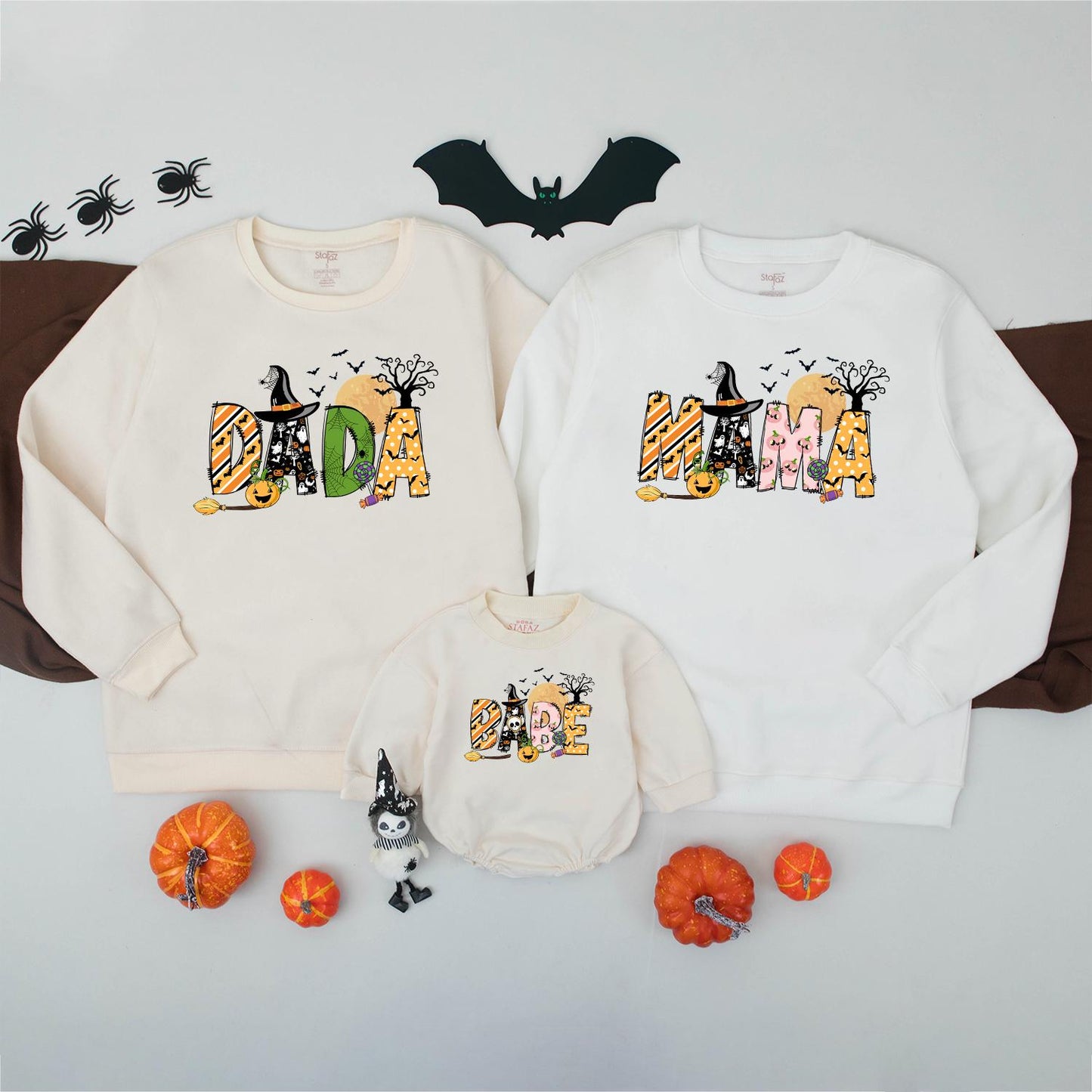 Spooky Family Halloween Sweatshirts Matching Set: Dada, Mama, Sister & Baby in Fun Halloween Prints, Personalized Option Available, Family Spooky Season Sweater