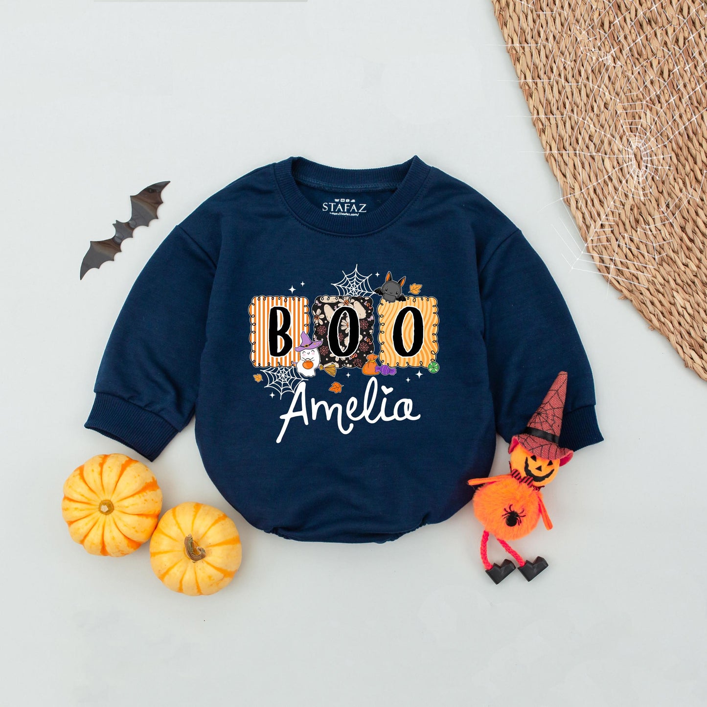 Cute Boo Halloween Bubble Romper for Baby Girl Amelia Personalized with Ghost Witch Hat Stripes Fun Fall Outfit