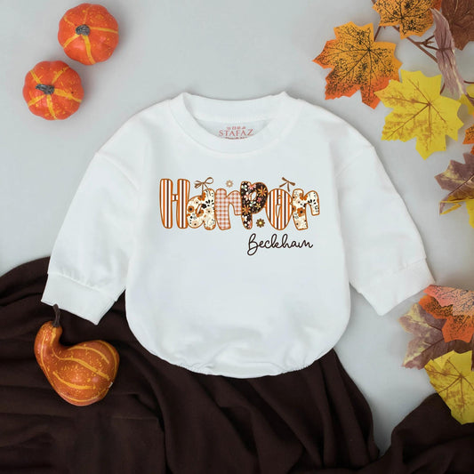 Harper Beckham Retro Fall Girl Romper Custom Pumpkin Floral Baby Outfit First Thanksgiving Toddler Gift Autumn Apparel