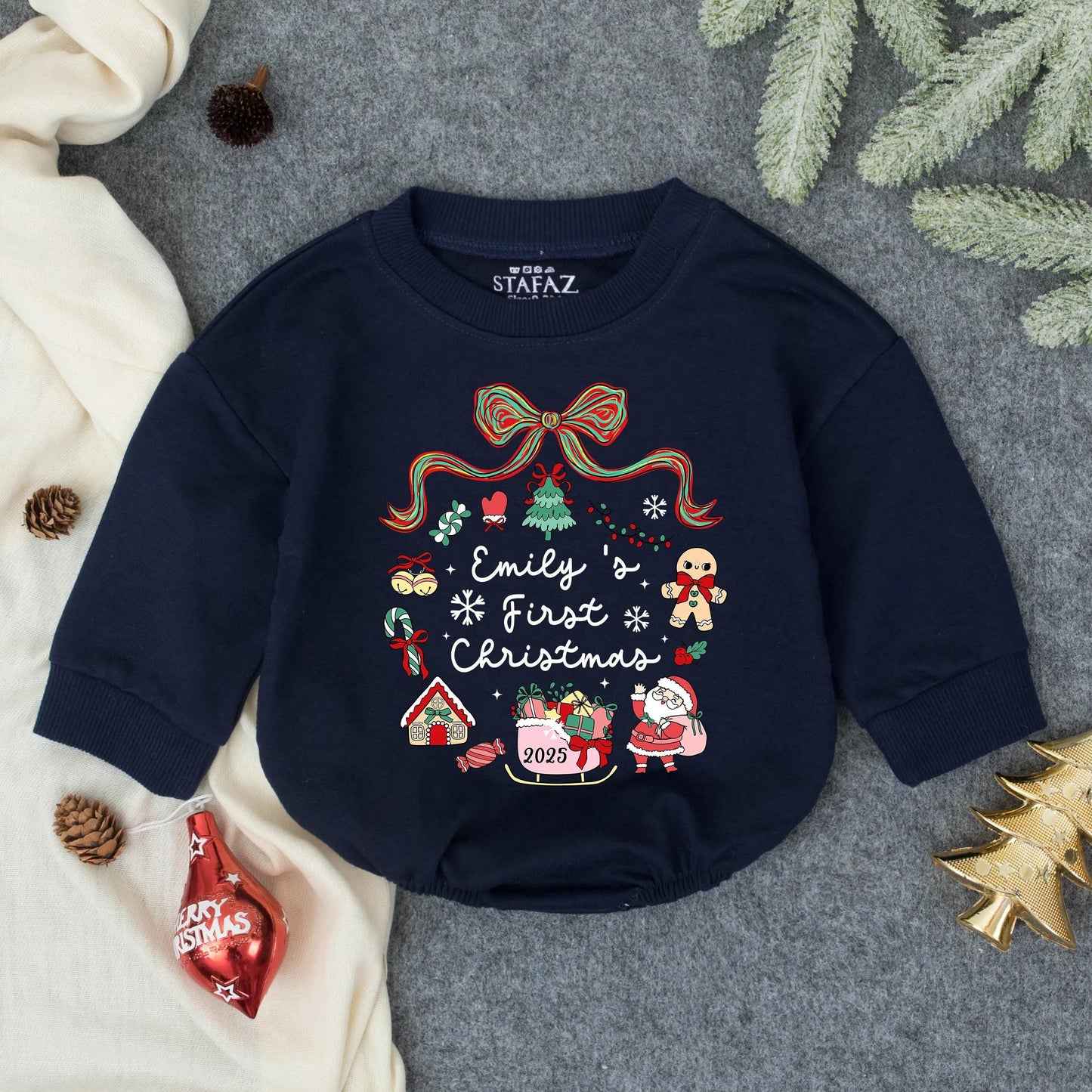 Emily's First Christmas Personalized Baby Bubble Romper Holiday Outfit Red Green Gingerbread Claus Sleigh Festive Fun