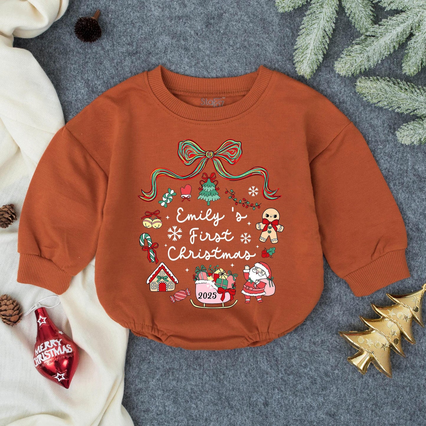 Emily's First Christmas Personalized Baby Bubble Romper Holiday Outfit Red Green Gingerbread Claus Sleigh Festive Fun