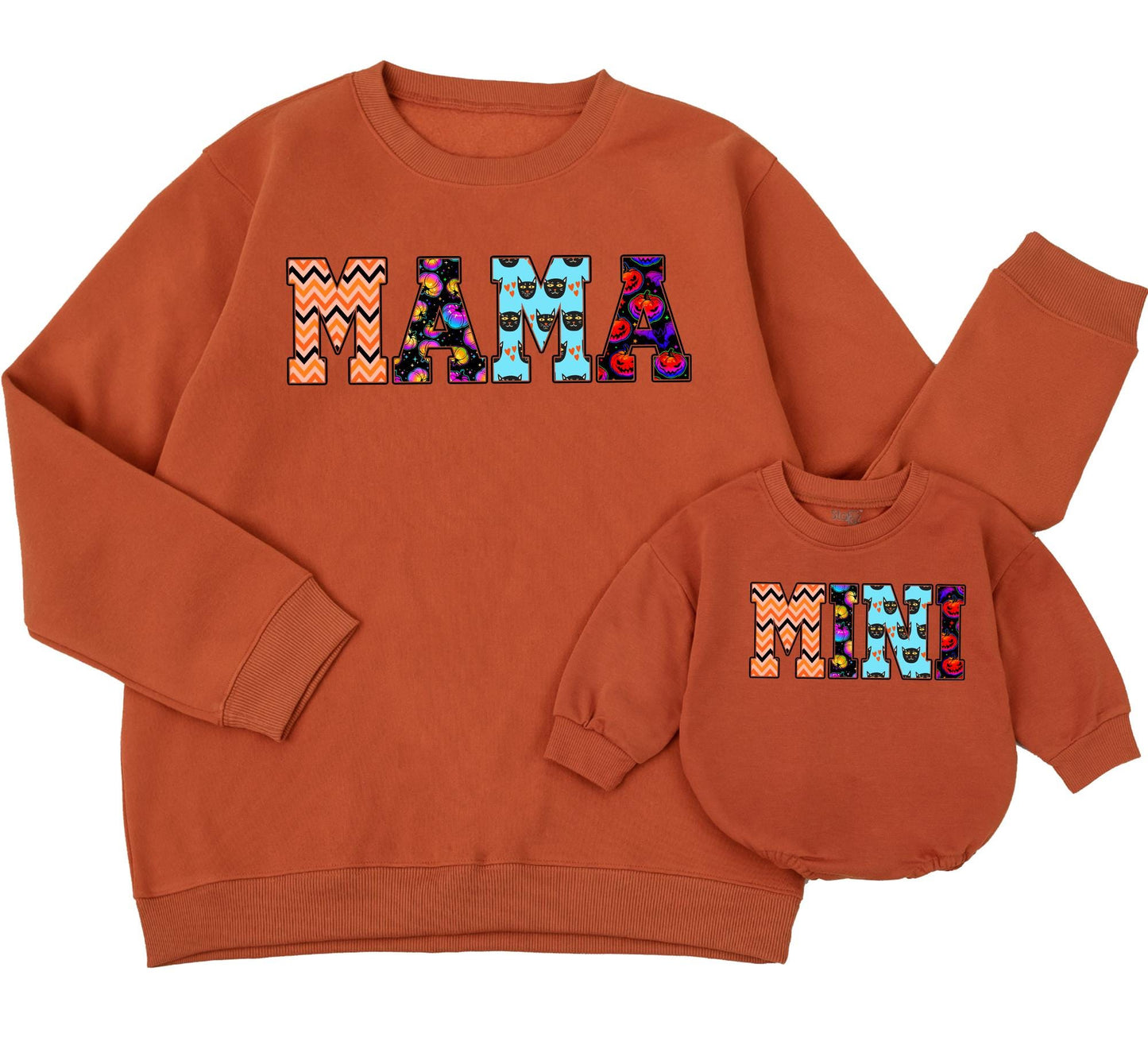 Retro Halloween Mama and Mini Sweatshirts Matching Set, Festive Fall Mom & Daughter Outfit, Orange & Black Patterned Sweaters, Cute Mommy and Me Clothes