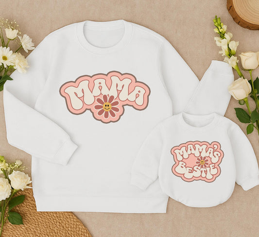 Retro Mama and Me Matching Sweatshirts Groovy 70s Style, Mama's Bestie Outfit with Flower, Soft Cotton, Comfortable Mother Daughter Gift