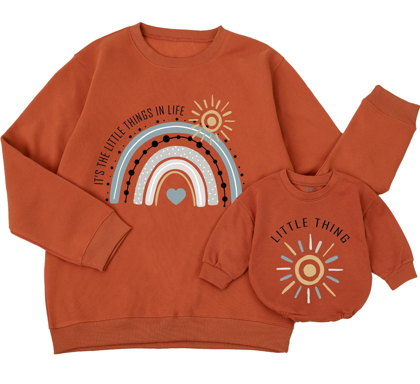 Little Things Matching Family Sweatshirt Set Cute Rainbow Mom and Me Outfit, Infant Romper, Boho Christmas Gift Idea Soft Cotton Mama and Mini Clothes (139 chars)