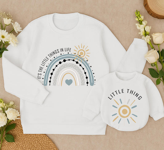 Little Things Matching Family Sweatshirt Set Cute Rainbow Mom and Me Outfit, Infant Romper, Boho Christmas Gift Idea Soft Cotton Mama and Mini Clothes (139 chars)