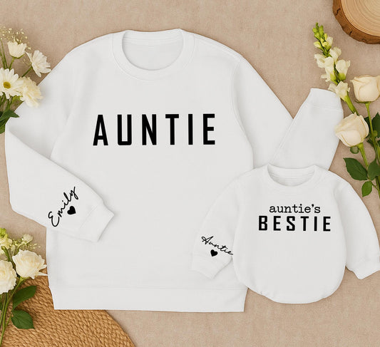 Personalized Auntie Bestie Matching Sweatshirts for Aunt Niece Nephew featuring bold AUNTIE custom Emily heart sleeve Modern Family Gift