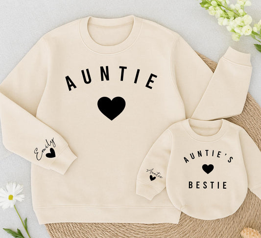 Auntie & Bestie Matching Sweatshirts - Custom 'AUNTIE' & 'Emily' Heart Gifts - Aunt & Niece Cozy Cotton Tops