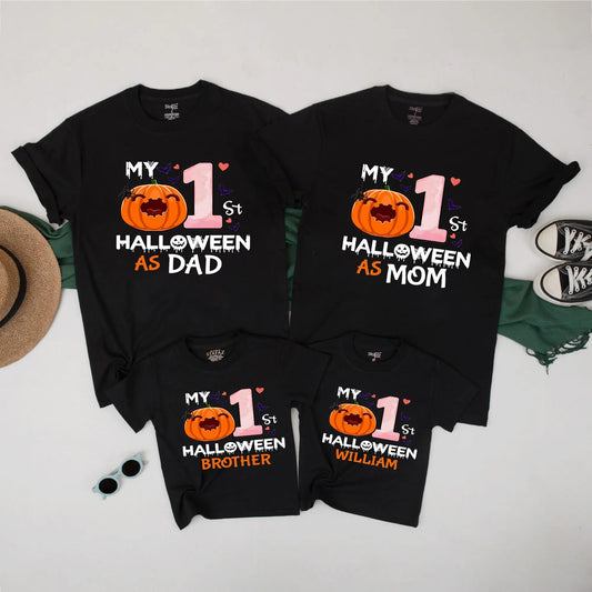 My 1st Halloween Matching Family Shirts Custom Pumpkin Ghost Design for Mom Dad Brother Baby Pink Gradient Hearts Bat Accents Fall Celebratory Outfit
