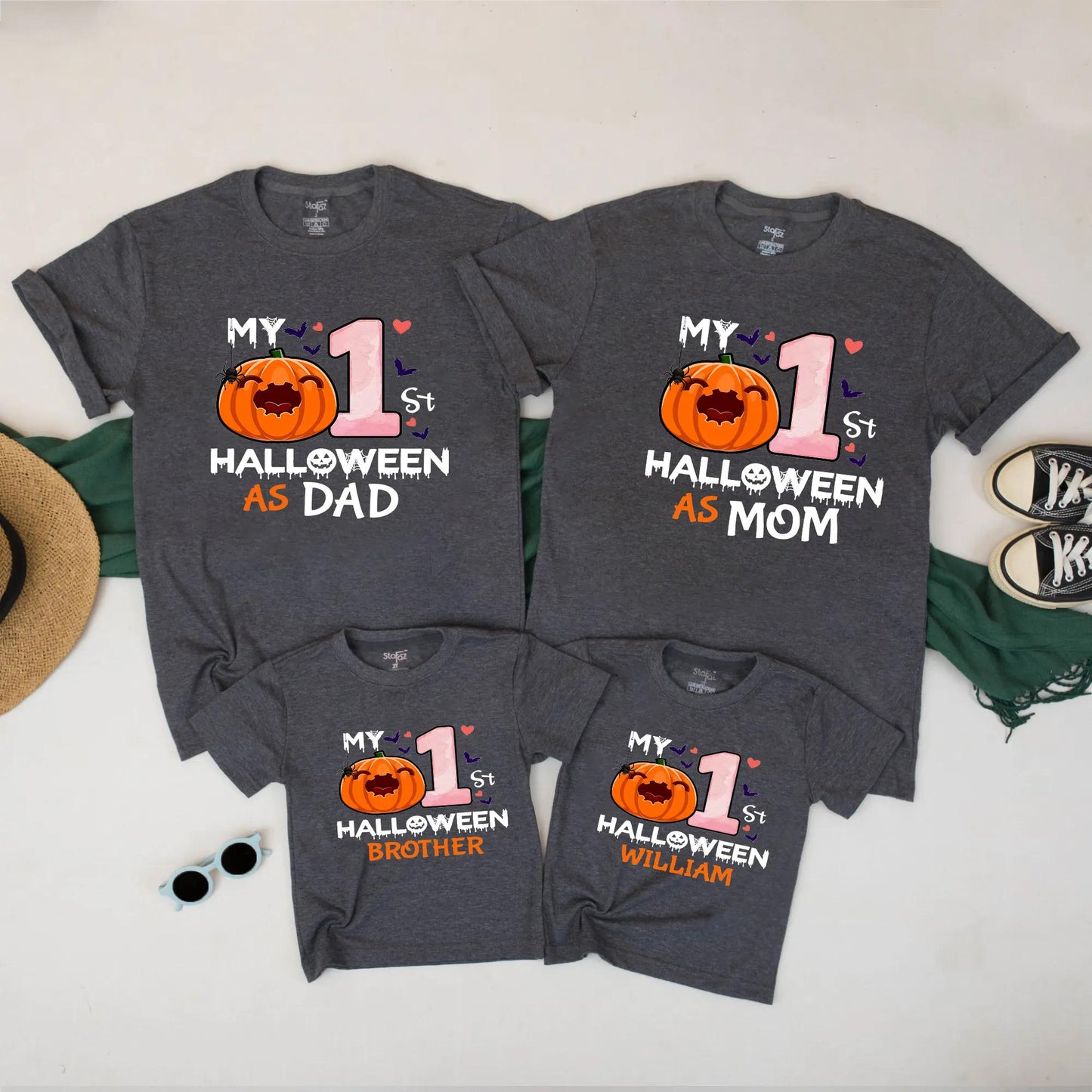 My 1st Halloween Matching Family Shirts Custom Pumpkin Ghost Design for Mom Dad Brother Baby Pink Gradient Hearts Bat Accents Fall Celebratory Outfit